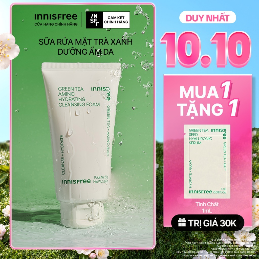 Sữa rửa mặt trà xanh sạch sâu ẩm mịn INNISFREE Green Tea Amino Cleansing Foam 150g