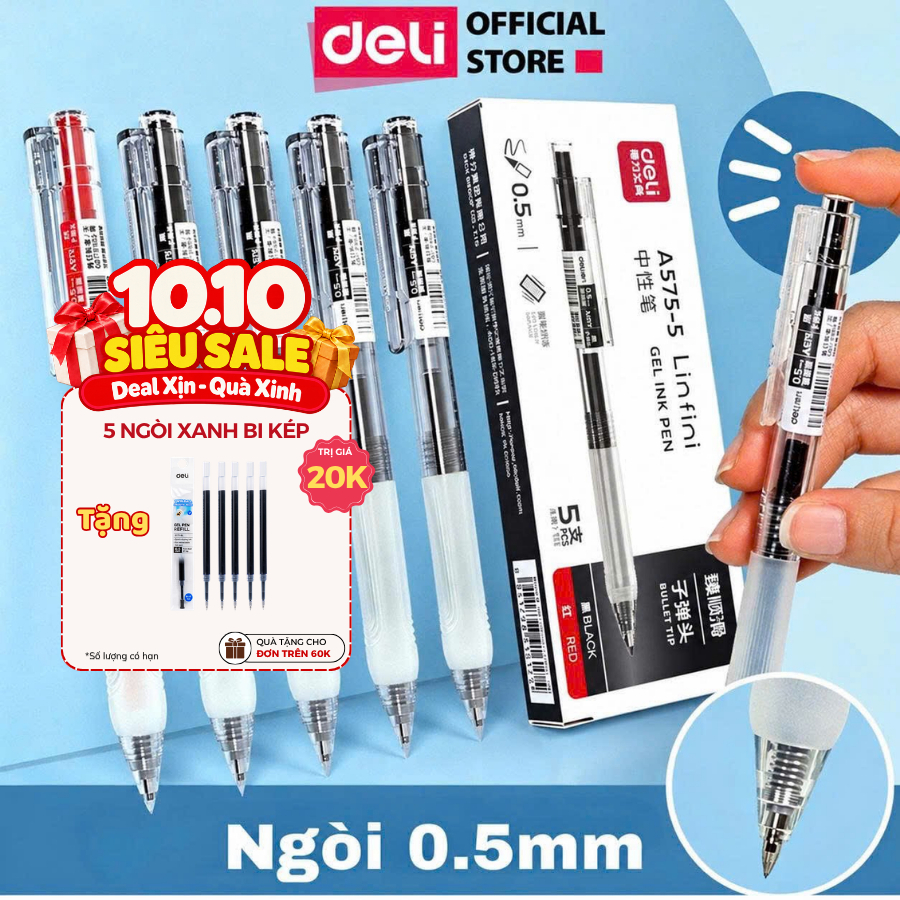 [NÂNG CẤP 2026] Bút Bi Nước Deli Viết Gel Bấm A575 Ngòi 0.5mm Mực Xanh Đen Đỏ Trơn Tru Học Sinh Văn Phòng