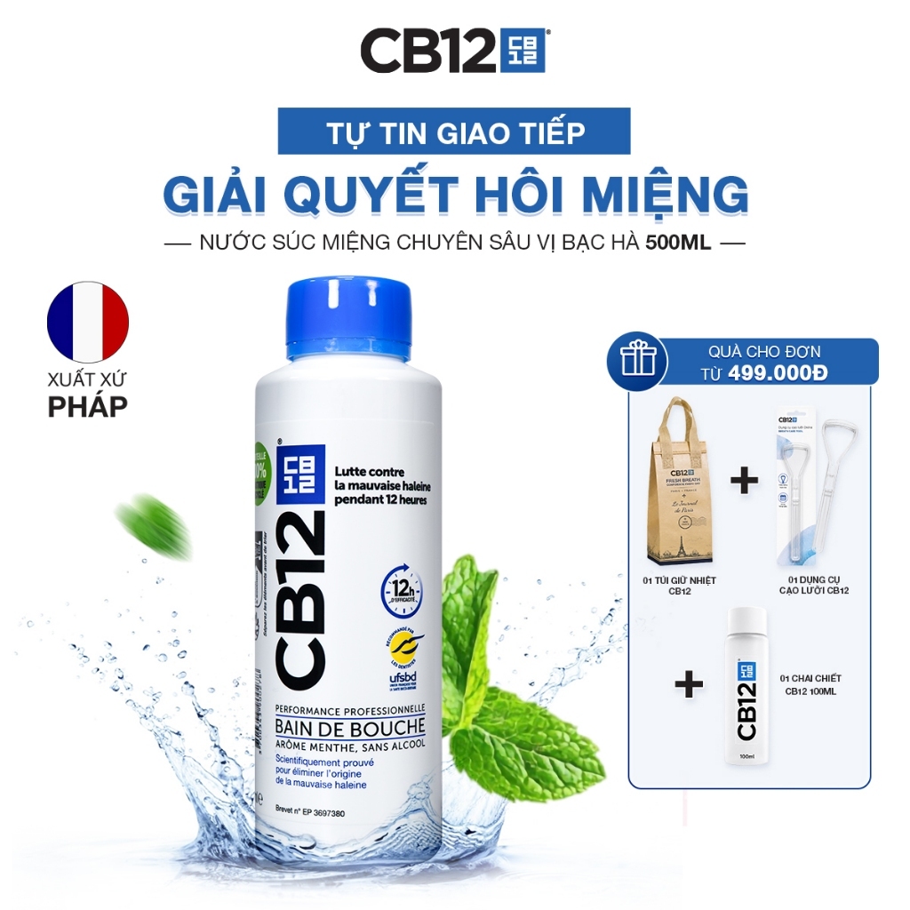 Nước Súc Miệng Kiểm Soát Hơi Thở 12H CB12 Mint Hương Bạc Hà 500ml - Khử Hôi Miệng - Không Cồn, Dịu Nhẹ