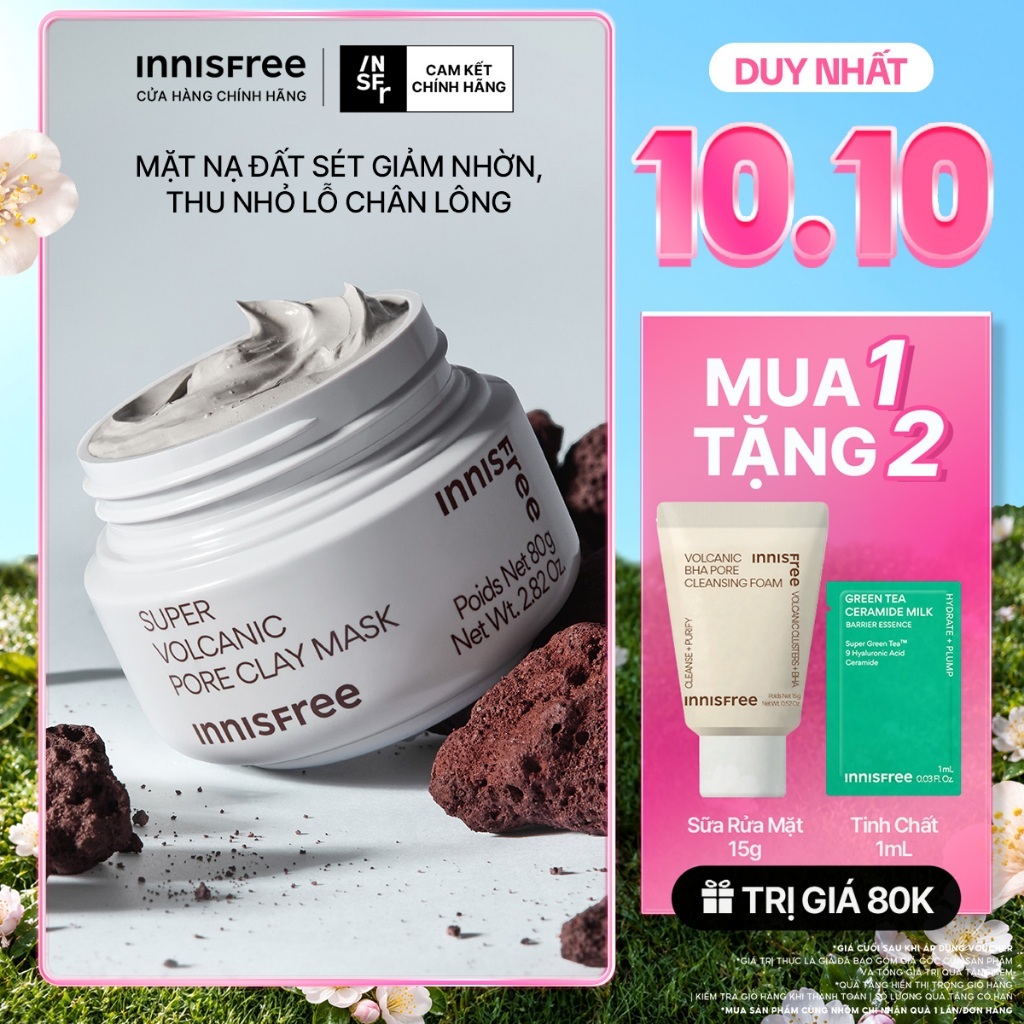 Siêu mặt nạ đất sét tro núi lửa giảm nhờn, thu nhỏ lỗ chân lông INNISFREE Super Volcanic Pore Clay Mask 80G