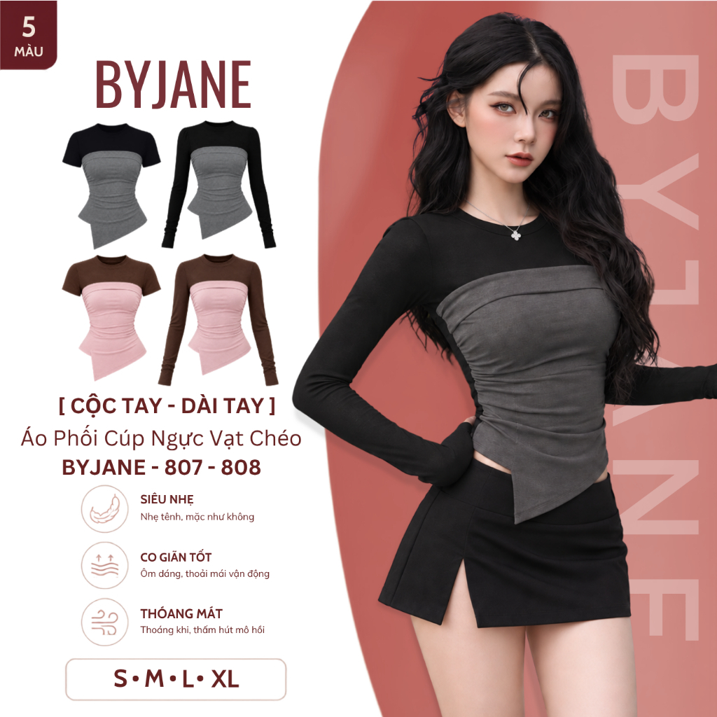 [TAY NGẮN - TAY DÀI] Áo Thun Nữ Phối Cúp Ngực Vạt Chéo Ôm Body Chất Thun Mịn Co Dãn BYJANE - 807 - 808