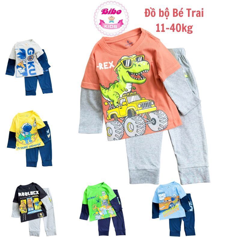 [11-42kg]Quần Áo Dài Tay, Bộ Thu Đông cho bé trai chất cotton mền mịn in hình khủng long,.Đồ bộ bé trai tay dài size đại