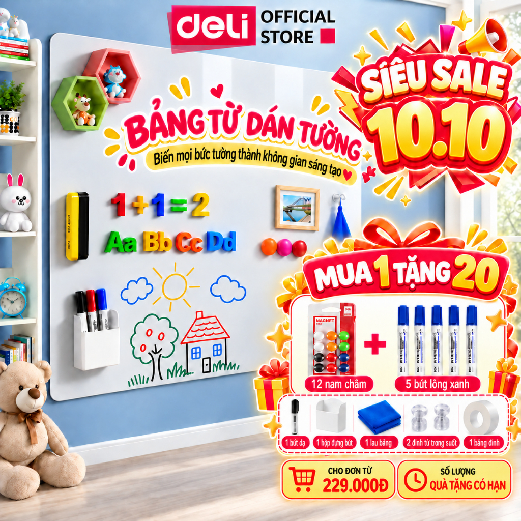 [🔥MUA 1 TẶNG 20 +VOUCHER SỐC] Bảng Trắng Dán Tường DELI Bảng Từ Trắng Dán Tiện Lợi Bảng Trắng Viết Trơn Tặng Kèm Bộ Phụ