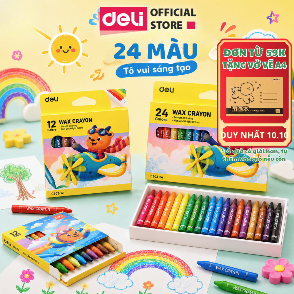 [🔥10.10 TẶNG VỞ VẼ] Bút Sáp Màu Deli 8/1012/24 Màu Tươi Sáng, Màu Sáp Mịn, An Toàn Cho Bé Tô Màu, Học Tập Mỹ Thuật