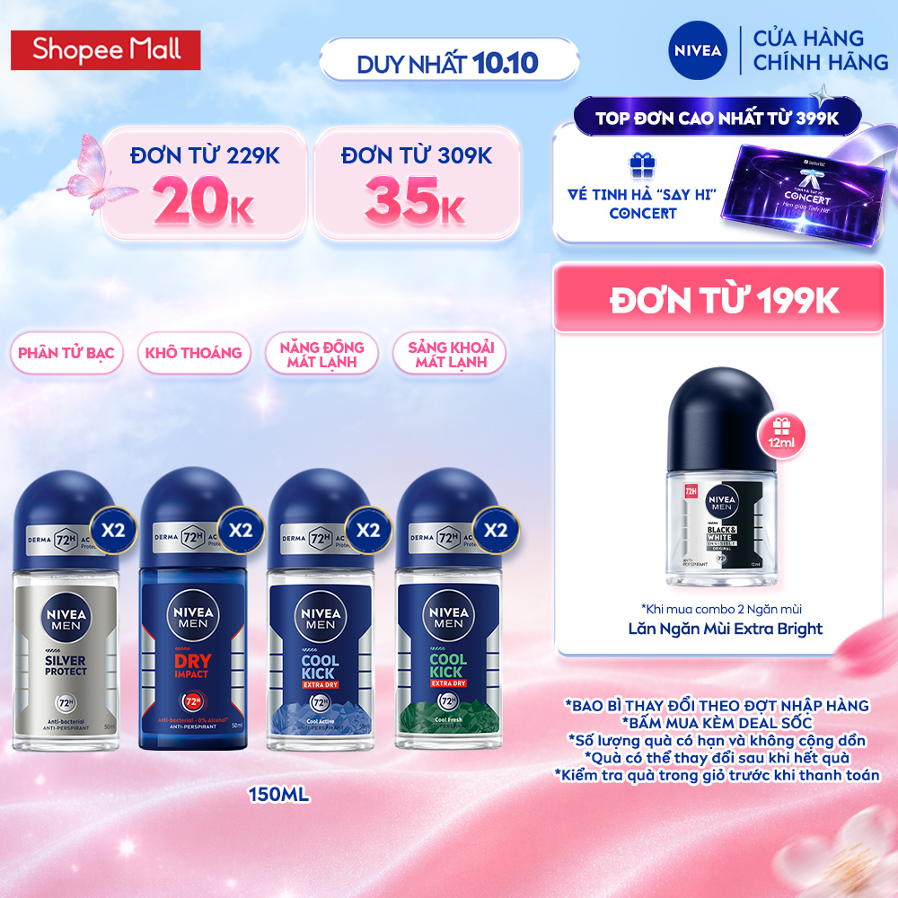 Combo 2 Lăn Khử Mùi Nam NIVEA MEN 50ml Ngăn Mồ Hôi, Khô Thoáng - Silver Protect/Cool Kick/Dry Impact - 83778/82886/81610