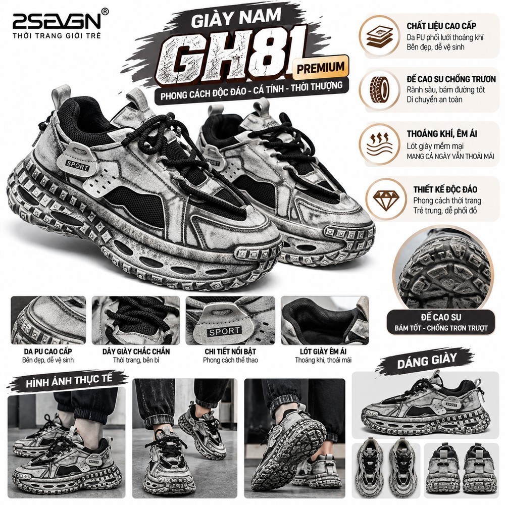 Giày Sneaker nam đế đinh độn cao 5-7cm - màu khói hoạ tiết đặc biệt - êm nhẹ - phối đồ phong cách đường phố GH81 2Seven