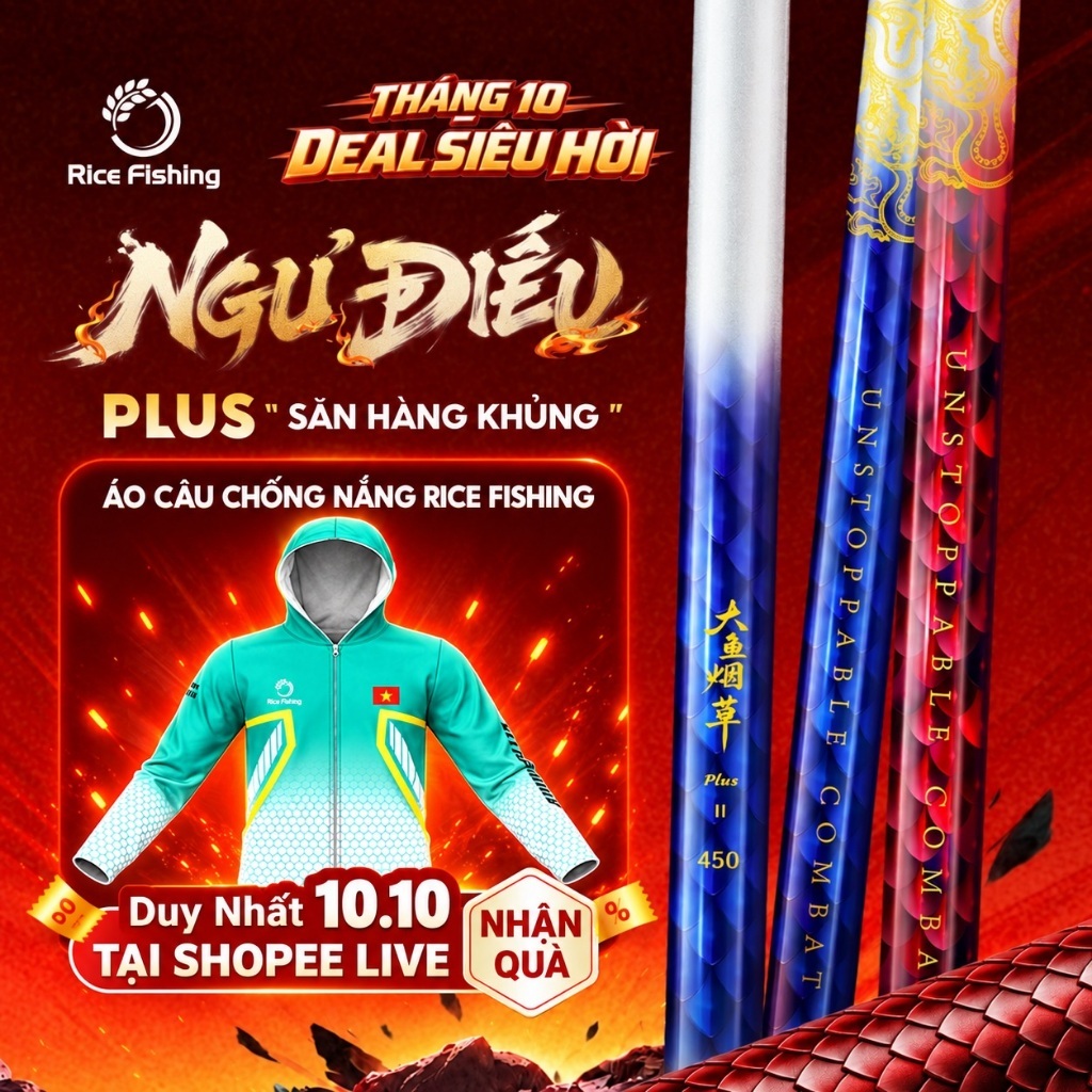 Cần câu đài NGƯ ĐIẾU PLUS carbon T1100+40T+30T săn hàng tổng hợp RICE FISHING