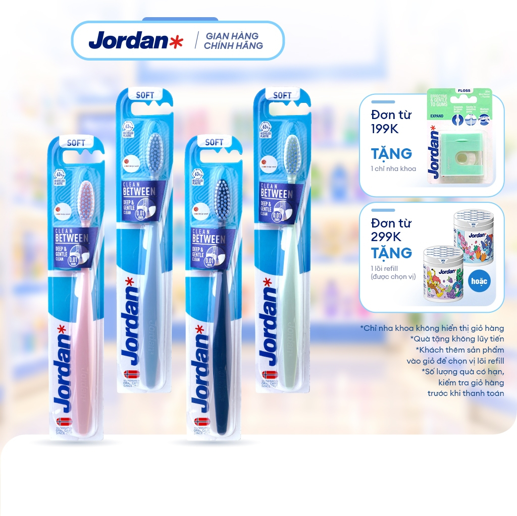[Giao màu ngẫu nhiên] Combo 4 bàn chải đánh răng Jordan Clean Between lông siêu mềm 0.01 bảo vệ nướu nhạy cảm
