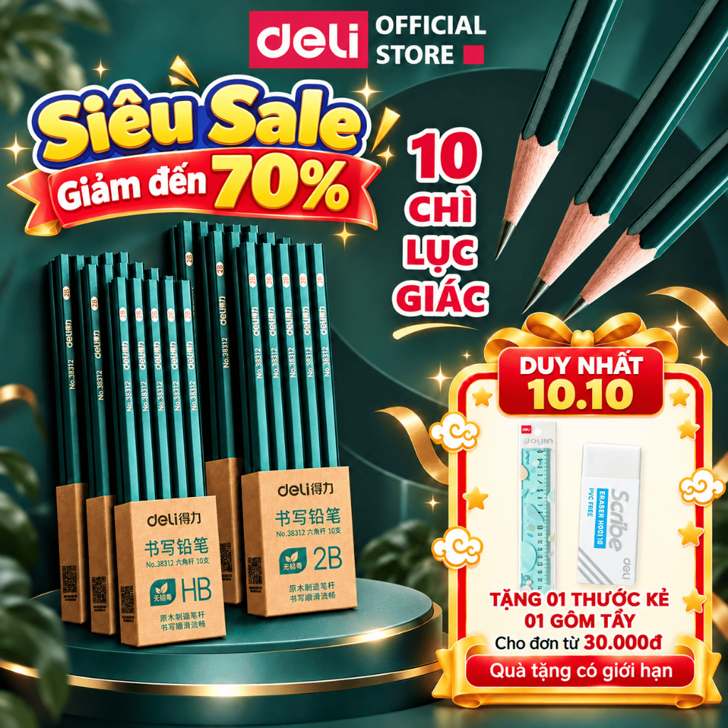 [🔥VOUCHER 30%+QUÀ 🔥]Vỉ 10/12 Bút Chì Gỗ 2B HB Lục Giác Deli  – Ruột Đậm, Dễ Gọt, Tô Trắc Nghiệm, Tập Viết Cho Học Sinh