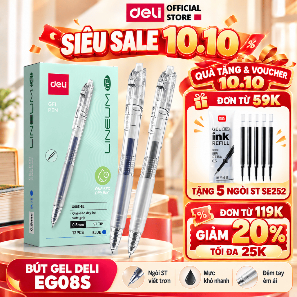 [🔥VOUCHER 25K + QUÀ] Combo 5/10/20 Bút Gel Bấm Deli EG08S 0.5mm Bút Bi Nước Nhanh Khô Mực Êm Trơn Ngòi Cao Cấp 2 Màu Mực