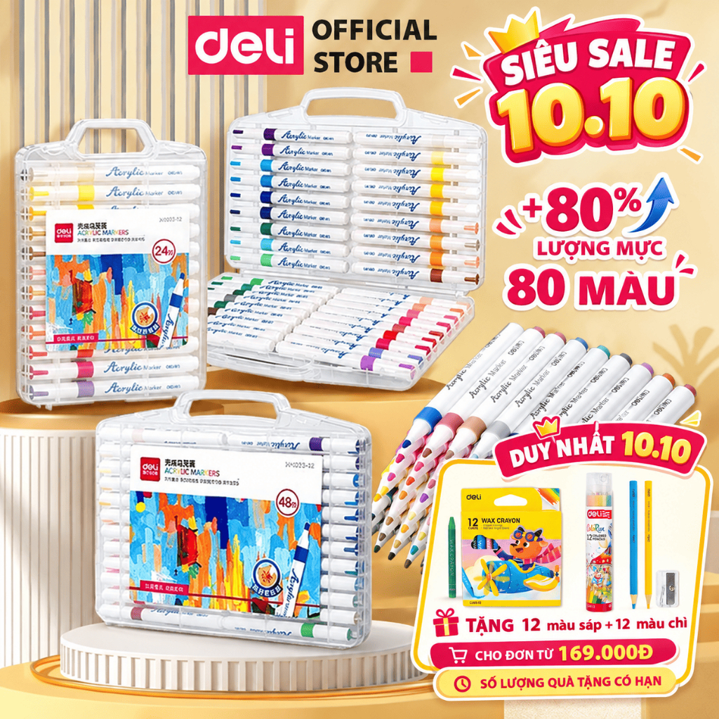[🔥TẶNG 12 MÀU SÁP+ 12 MÀU CHÌ ] Bút Sơn Màu Acrylic Markers Deli Hộp 12/24/36/64 Box Màu Acrylic Marker An Toàn Vẽ Trên