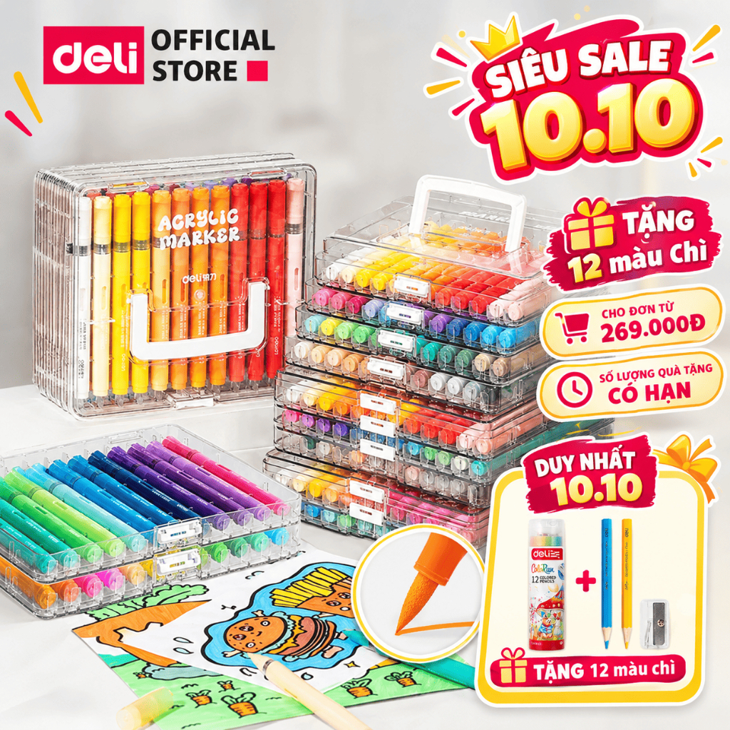 [🔥GIÁ SHOCK- TẶNG 12 MÀU CHÌ 🔥] Bút Sơn Màu Acrylic Maker Deli Dạng Roller Hộp Nhựa 24/36/48/60 Màu Vẽ Được Trên Mọi