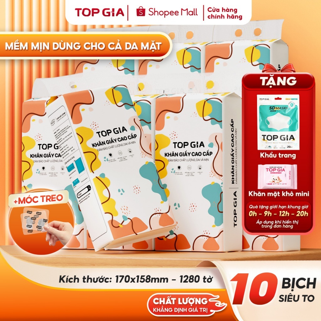 [LOẠI TO ĐẶC BIỆT] Thùng 10 bịch khăn giấy rút Top Gia treo tường đa sắc 1280 tờ, siêu dai và mềm mịn