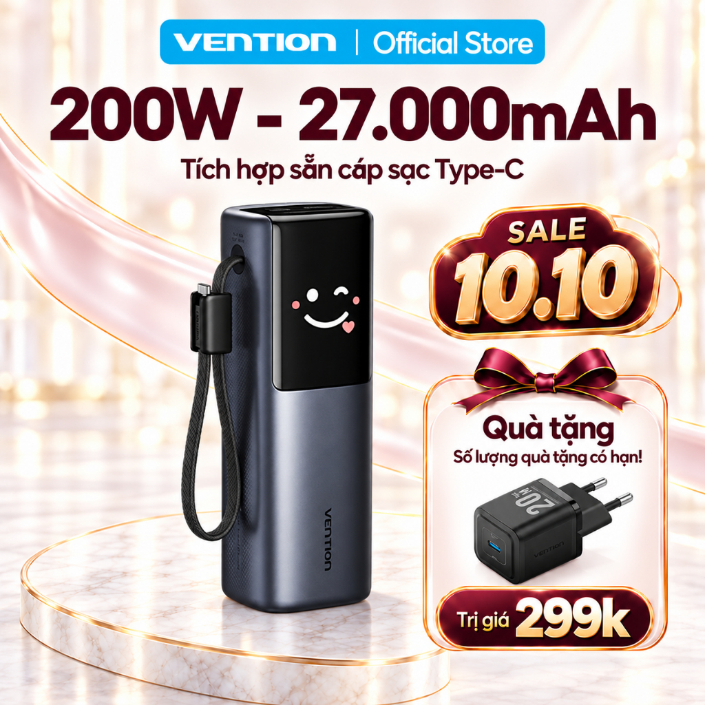 Sạc Dự Phòng 27.000mAh 200W Sạc Thần Tốc, Dây Type-C 240W Tích Hợp, Màn Hình Kỹ Thuật Số TFT AI Mặt Cười, 2 Cổng USB-A/C