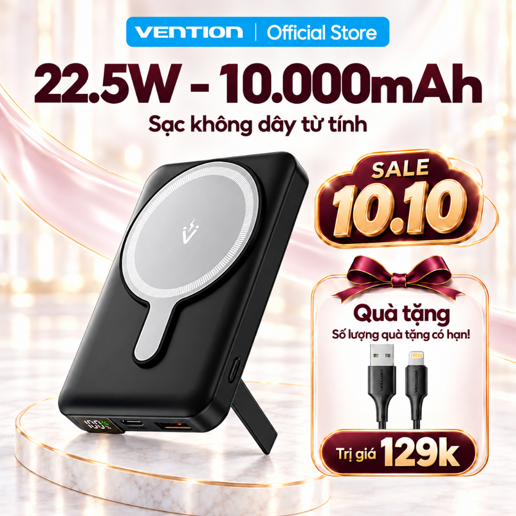 Pin Sạc Dự Phòng Không Dây Vention 10000mAh, Nam Châm Từ Tính, Sạc Nhanh PD 20W, Màn Hình LED, Chân Đế Gập