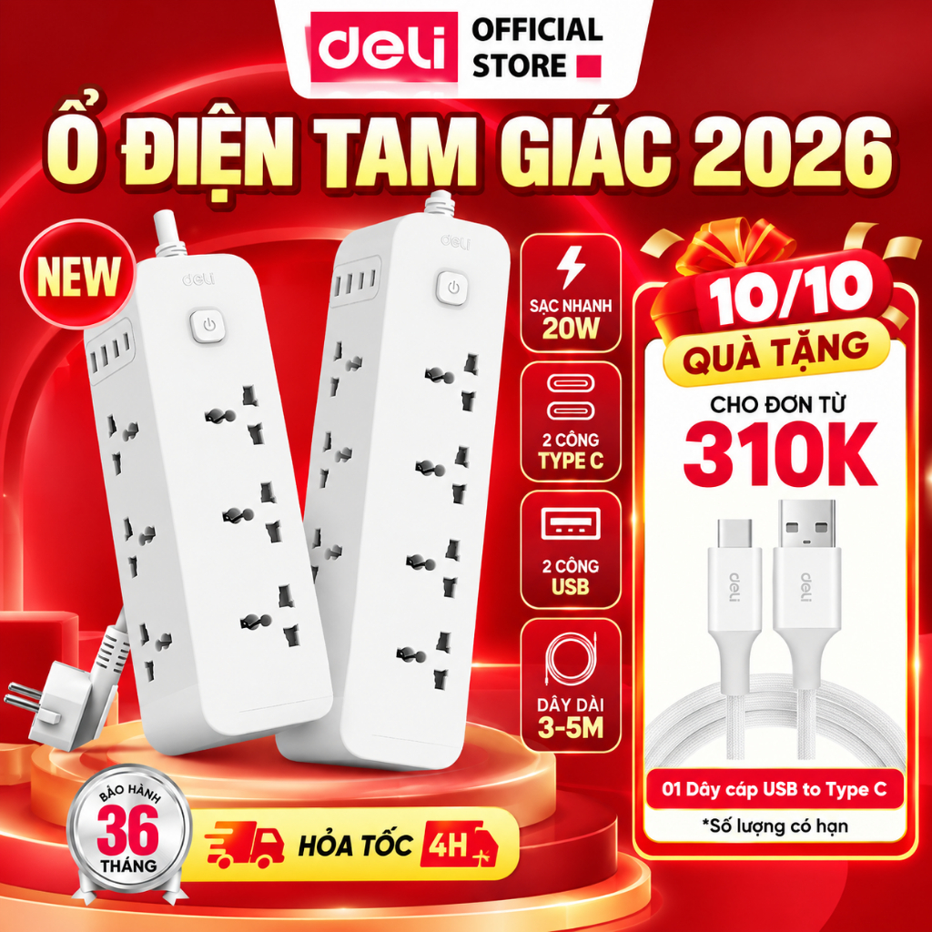[Hỏa Tốc] Ổ Cắm Điện Tam Giác DELI 2026 Chịu Tải 2500W Ổ Đa Năng Dây Dài 3-5m Cổng USB Chống Cháy Chống Giật