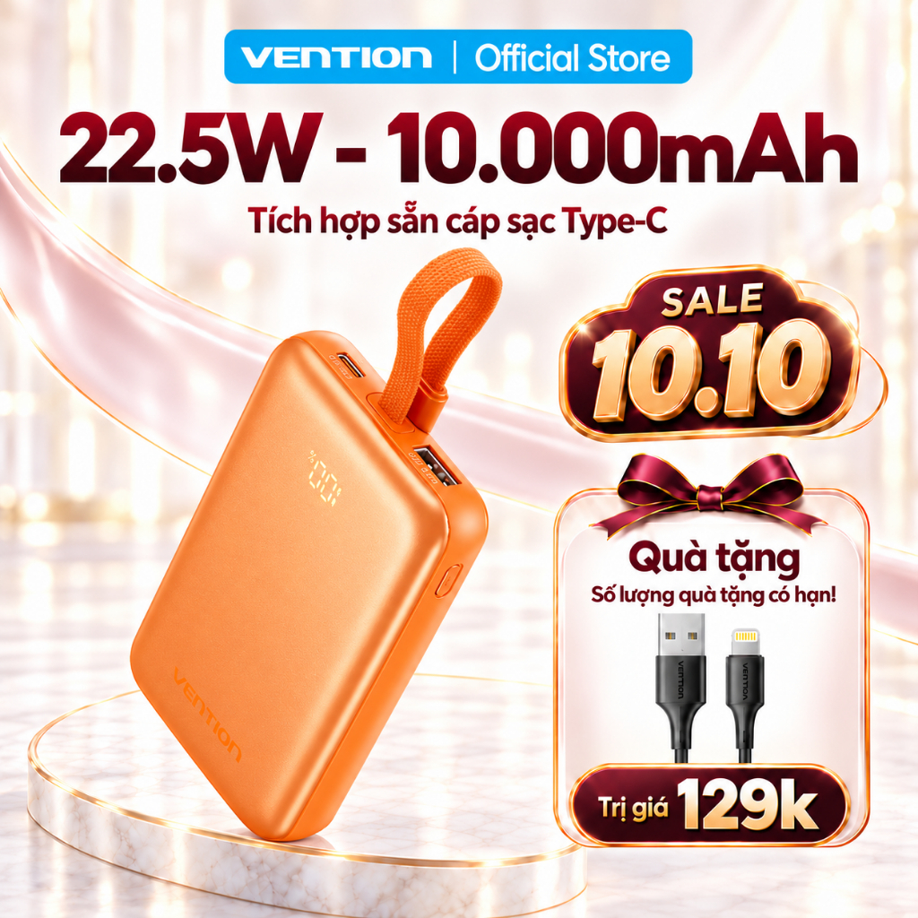 Pin Sạc Dự Phòng Vention 10000mAh Sạc Nhanh 22.5W Tích Hợp Cáp USB-C, Sạc Không Dây 15W Cho Phone
