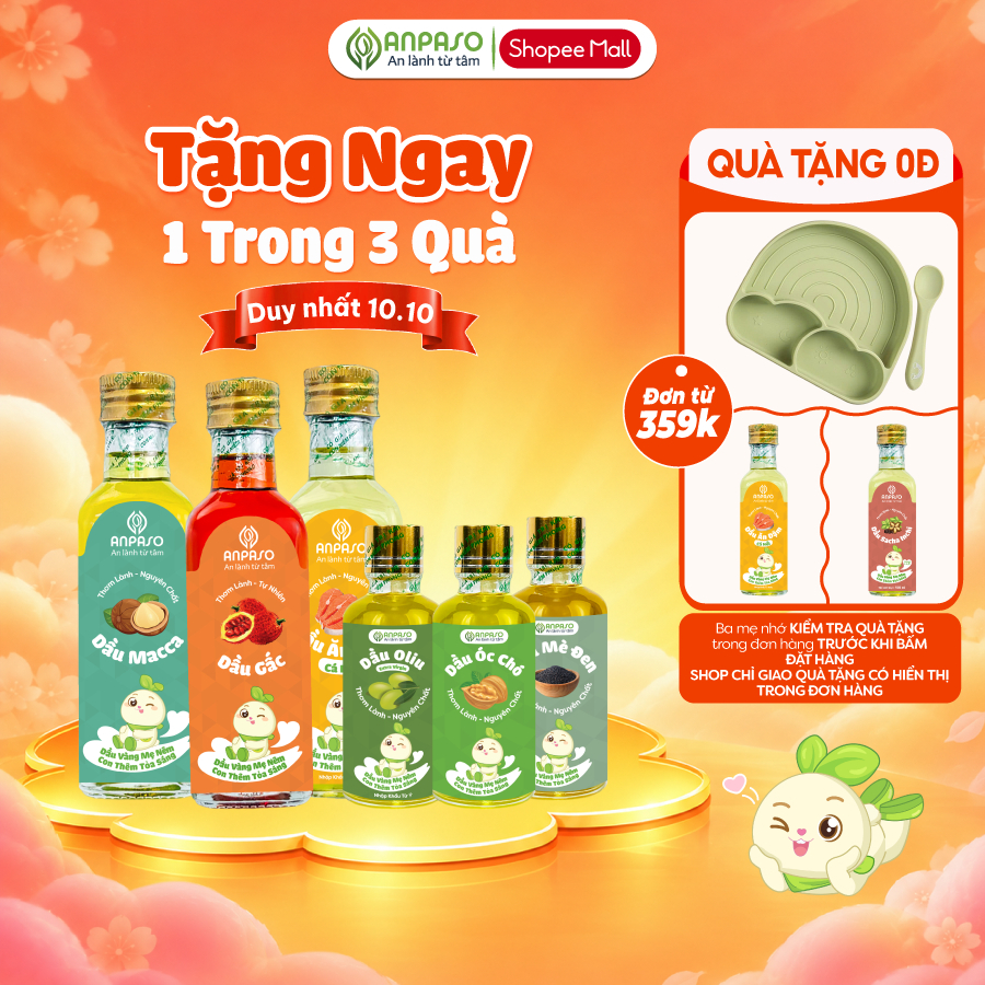 Dầu Ăn Dặm Cho Bé Anpaso Ép Ở Nhiệt Độ Thấp - Oliu, Óc Chó, Cá Hồi, Macca, Gấc, Mè Đen chai 50ml/100ml