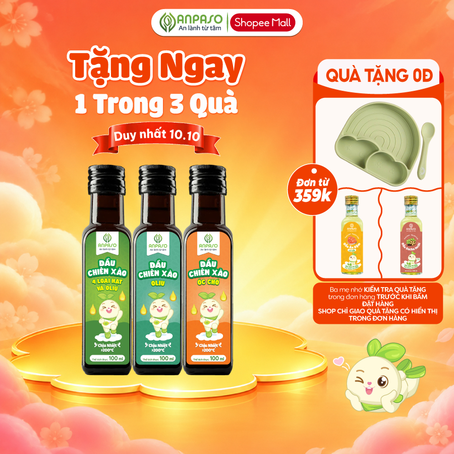 Dầu Chiên Xào Cho Bé Ăn Dặm Anpaso 100ml chịu nhiệt 200°C- Nguyên liệu tự nhiên không biến đổi Gen- Oliu Óc Chó Mix Hạt