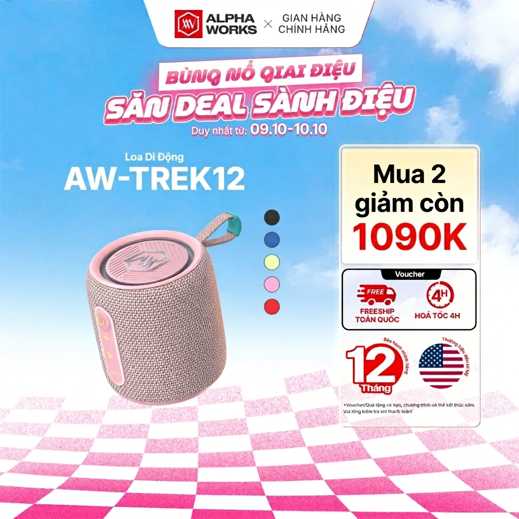 [HỎA TỐC HCM] Loa Di Động Alpha Works TREK 12 - Công suất 12W RMS và củ loa toàn dải 52mm, ghép đôi TWS, chống nước IPX7