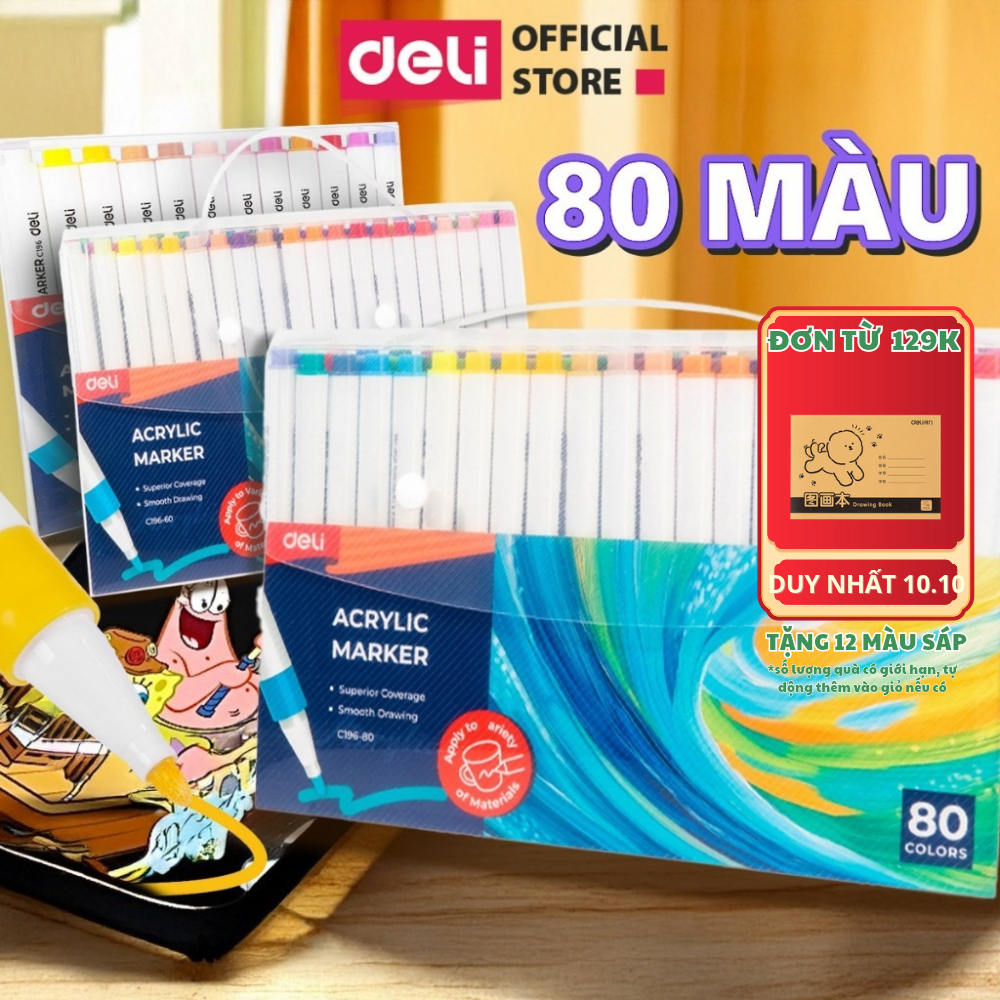 [🔥TẶNG VỞ VẼ] Bút Màu Acrylic Marker Deli 80 Màu Túi Nhựa Bút Lông Màu Vẽ Mọi Chất Liệu Mực Bền Lâu Phai