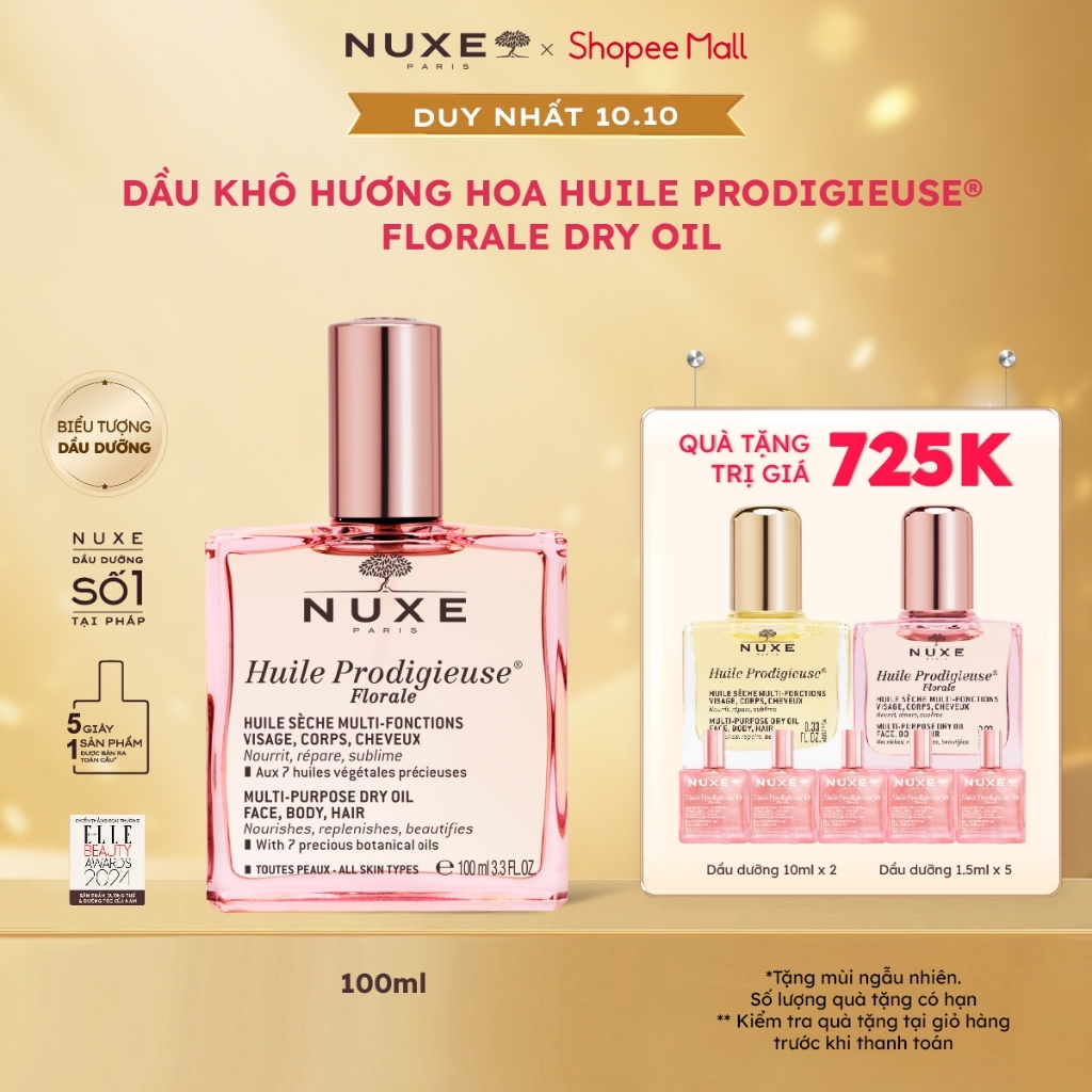 [Chỉ 10.10 - Tặng Quà 725K] Dầu dưỡng khô đa năng Hương Hoa Nuxe Huile Prodigieuse Florale 100ml