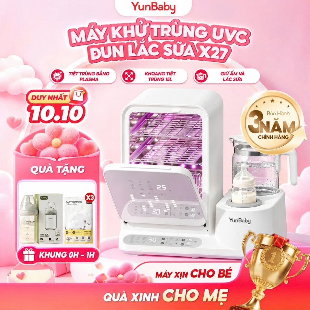 [BẢN TIẾNG VIỆT]  Máy tiệt trùng Yunbaby X27 đun nước Hâm Pha sữa Lắc sữa Tiệt trùng bình sữa Sấy khô Khử clo Plasma UVC