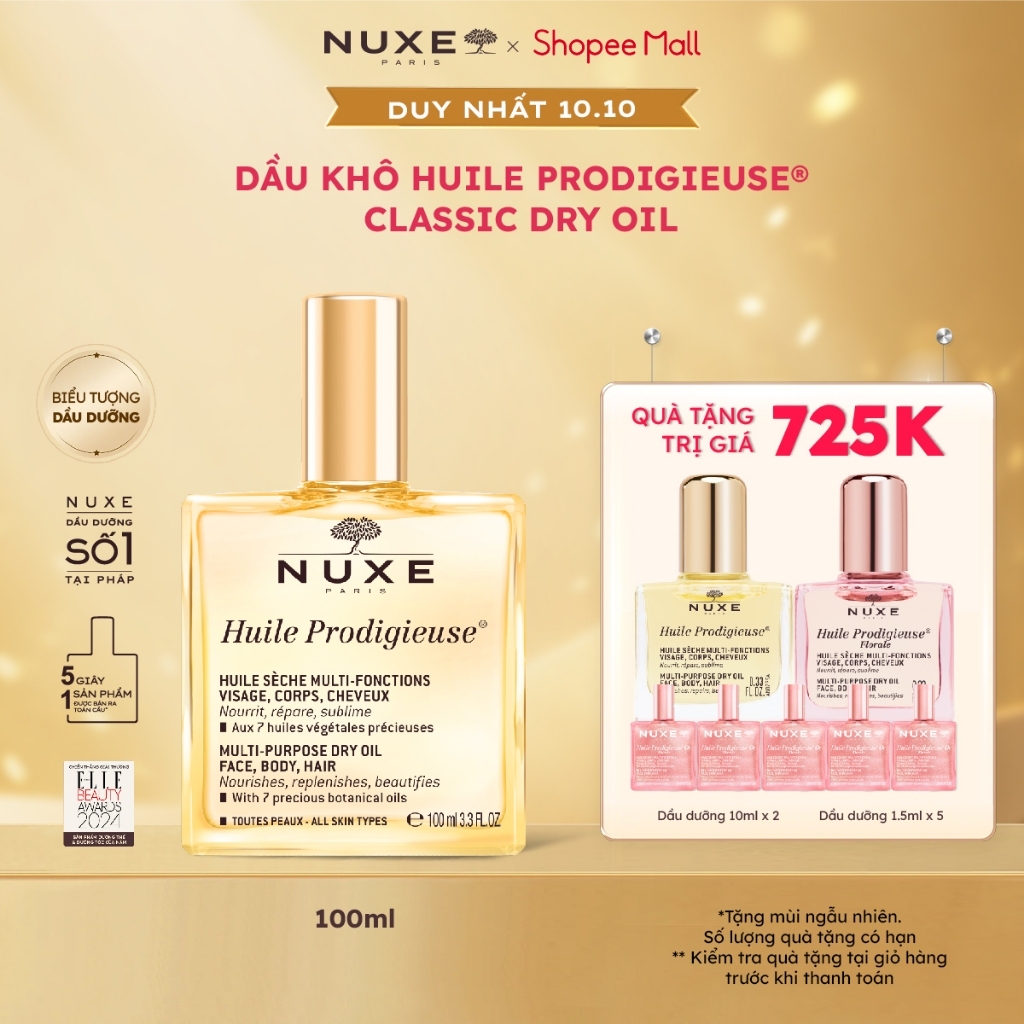 [Chỉ 10.10 - Tặng Quà 725K] Dầu dưỡng khô đa năng Nuxe Huile Prodigieuse 100ml
