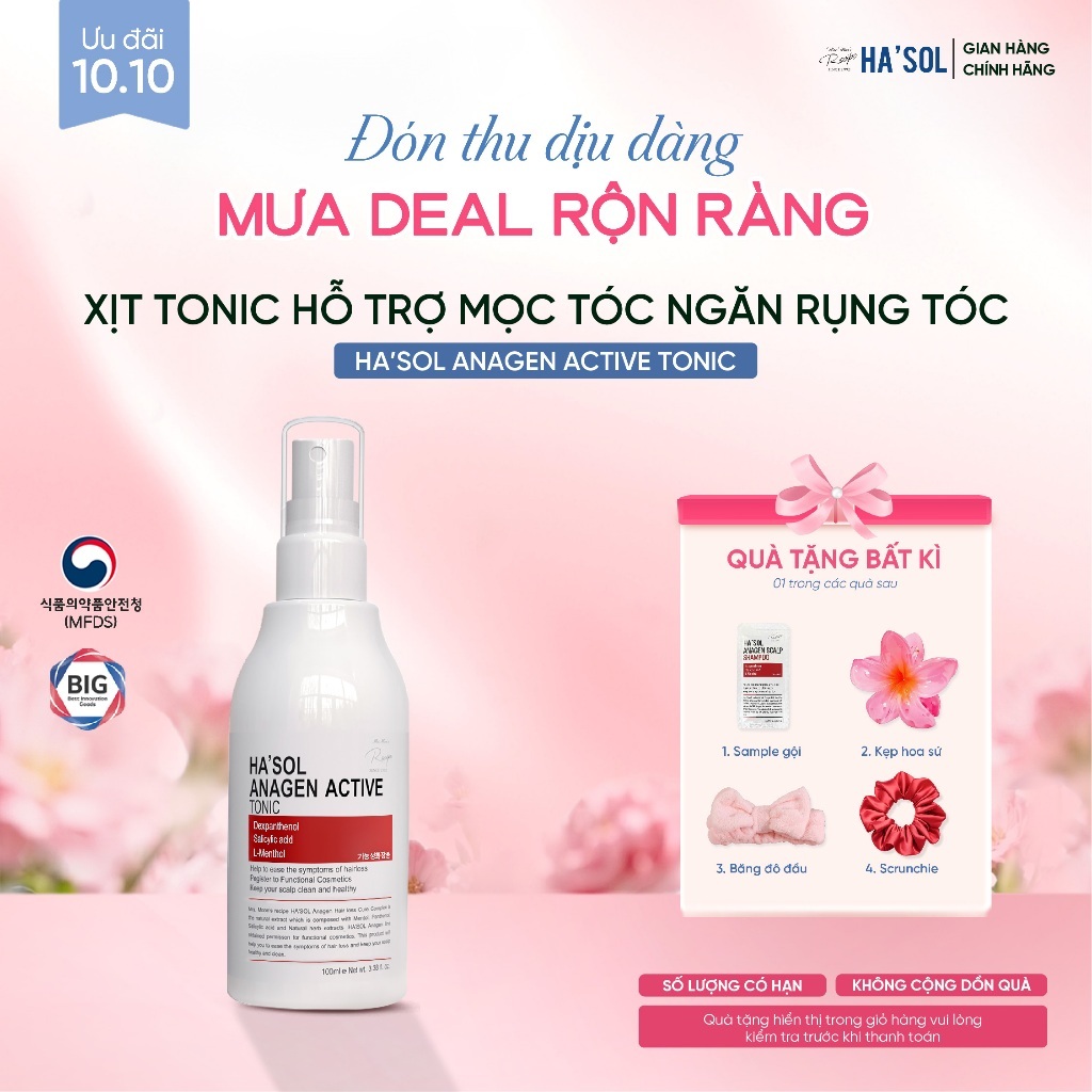 Xịt Tonic Hasol - Dưỡng Nang Tóc, Hỗ Trợ Mọc Tóc, Ngăn Rụng Dành Cho Tóc Rụng Mỏng Yếu Ha'sol Anagen Active Tonic 100ml