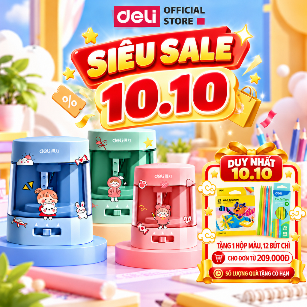 [🔥VOUCHER 35K + QUÀ 🔥] Gọt Bút Chì Điện Tự Động Deli 3 Chế Độ Phù Hợp Mọi Loại Chì An Toàn Cho Bé, Chỉnh Ngòi Thông Minh