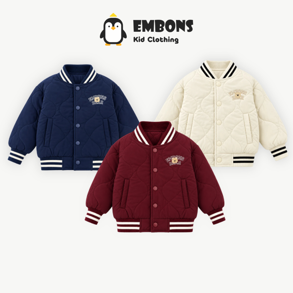 Áo khoác bomber cho bé trai và bé gái EMBONS, chất vải mềm mịn dày dặn 4 lớp, thêu hình dễ thương BOMBER2026