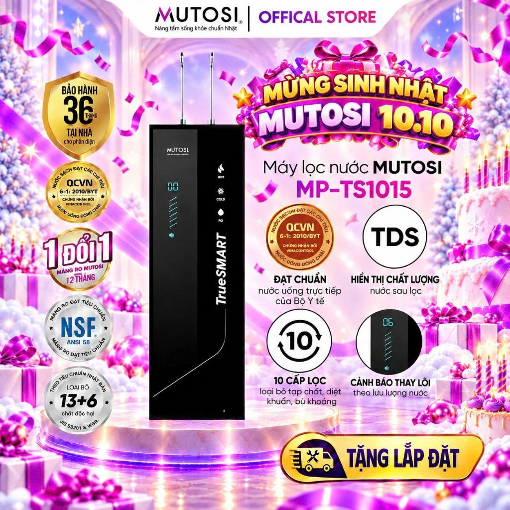 Máy Lọc Nước Nóng - Lạnh - RO Khoáng Hydrogen, Cánh Báo Thay Lõi MUTOSI TrueSMART MP-TS1015, Màng RO Hàn Quốc Cao Cấp