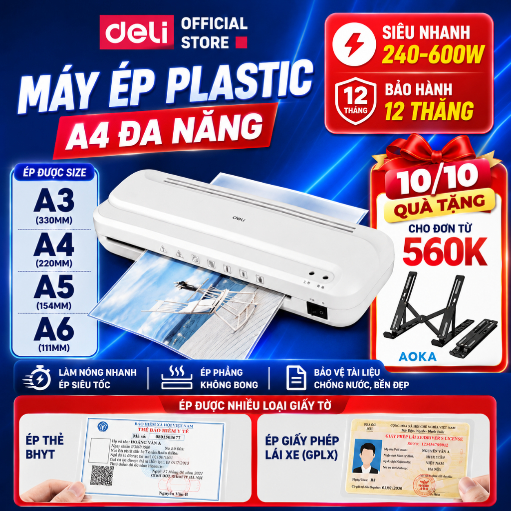 [TẶNG GIÁ ĐỠ] Máy Ép Plastic Khổ A4 A3 A5 Chính Hãng DELI - Máy Ép Nhiệt Nhựa Dẻo Cán Màng Ảnh An ToànTài Liệu Bằng Khen