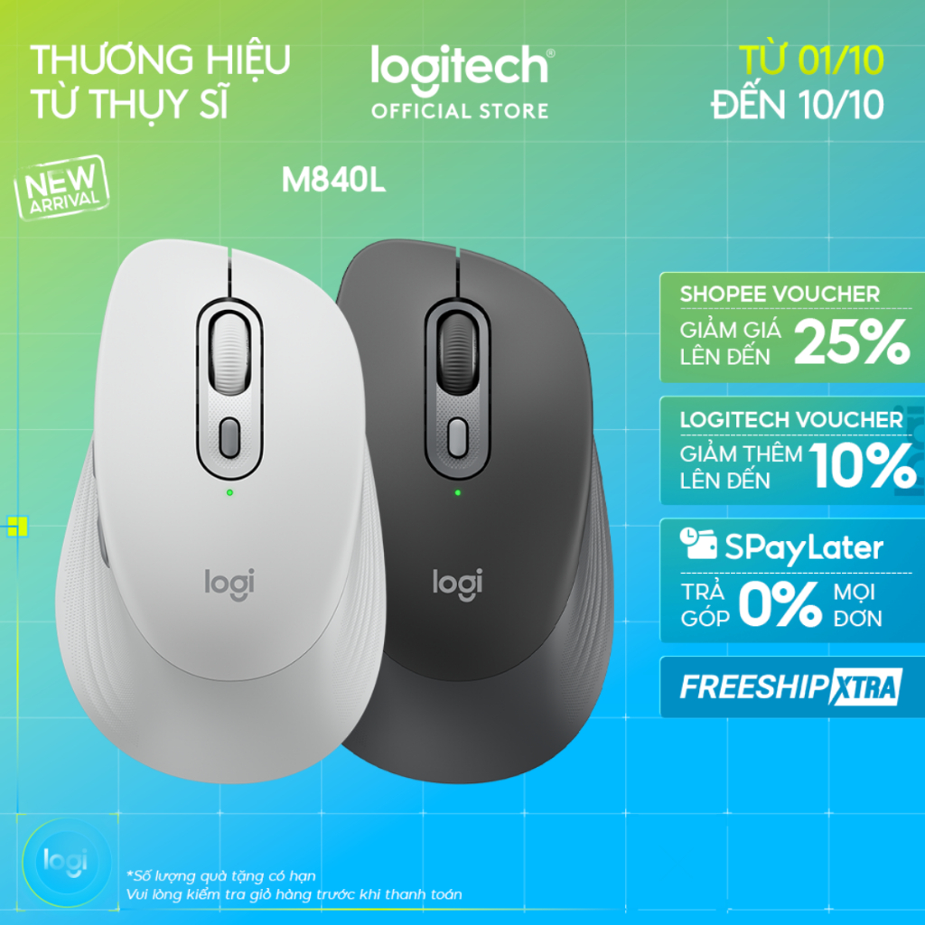 Chuột Bluetooth Logitech Signature Comfort M840 L - Nhấp êm ái, SmartWheel, Nút tùy chỉnh, tương thích Windows, OS