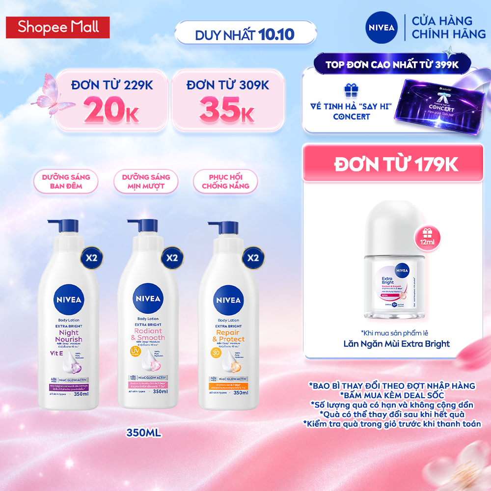 Bộ 2 Sữa Dưỡng Thể NIVEA Extra Bright Dưỡng Da Sáng Mịn Sau 7 Ngày 350ml -  88311x2/98413x2/98412x2