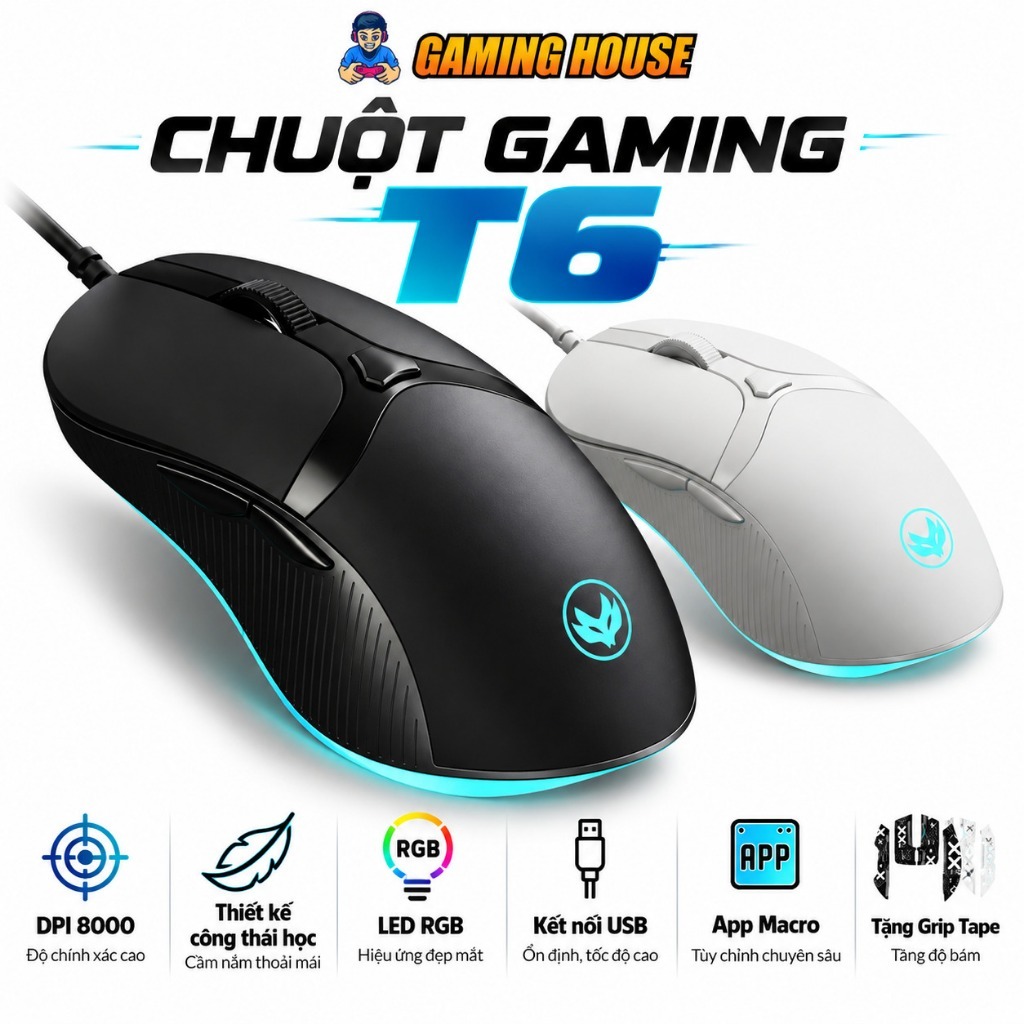 Chuột Silent Gaming ATAS T6 - LED RGB - App marco - DPI 7200 - Con lăn TTC - Tặng grip Tape