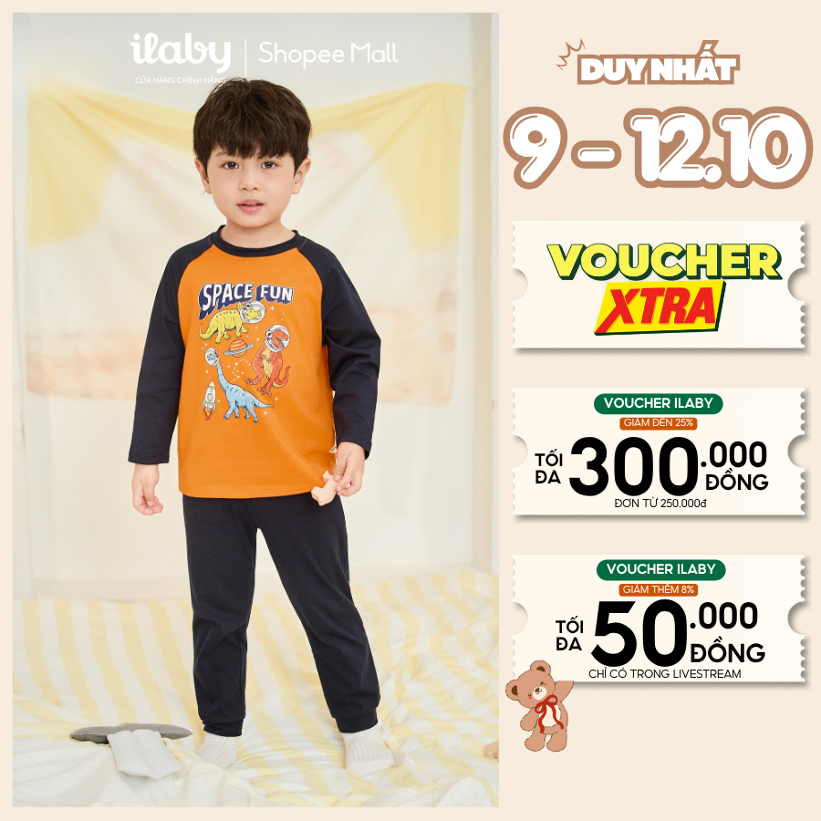[GIÁ MỞ BÁN] Set bộ dài tay bé trai ILABY họa tiết khủng long chất liệu cotton co giãn quần cạp chun [4147]