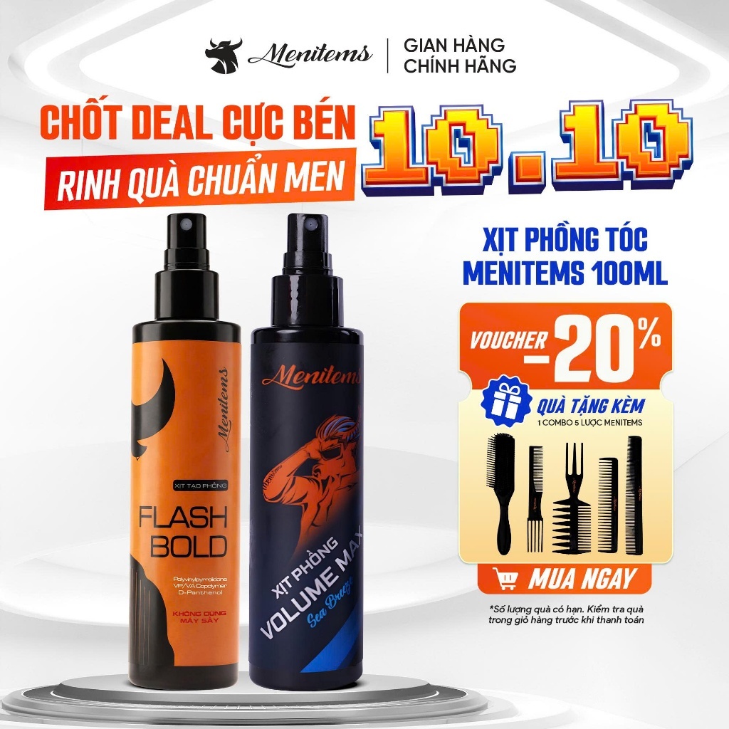 Xịt phồng tóc Menitems, xịt tạo phồng tự nhiên, xịt giữ nếp không gây bết và nặng tóc Volume Max và Flash Bold 100ml