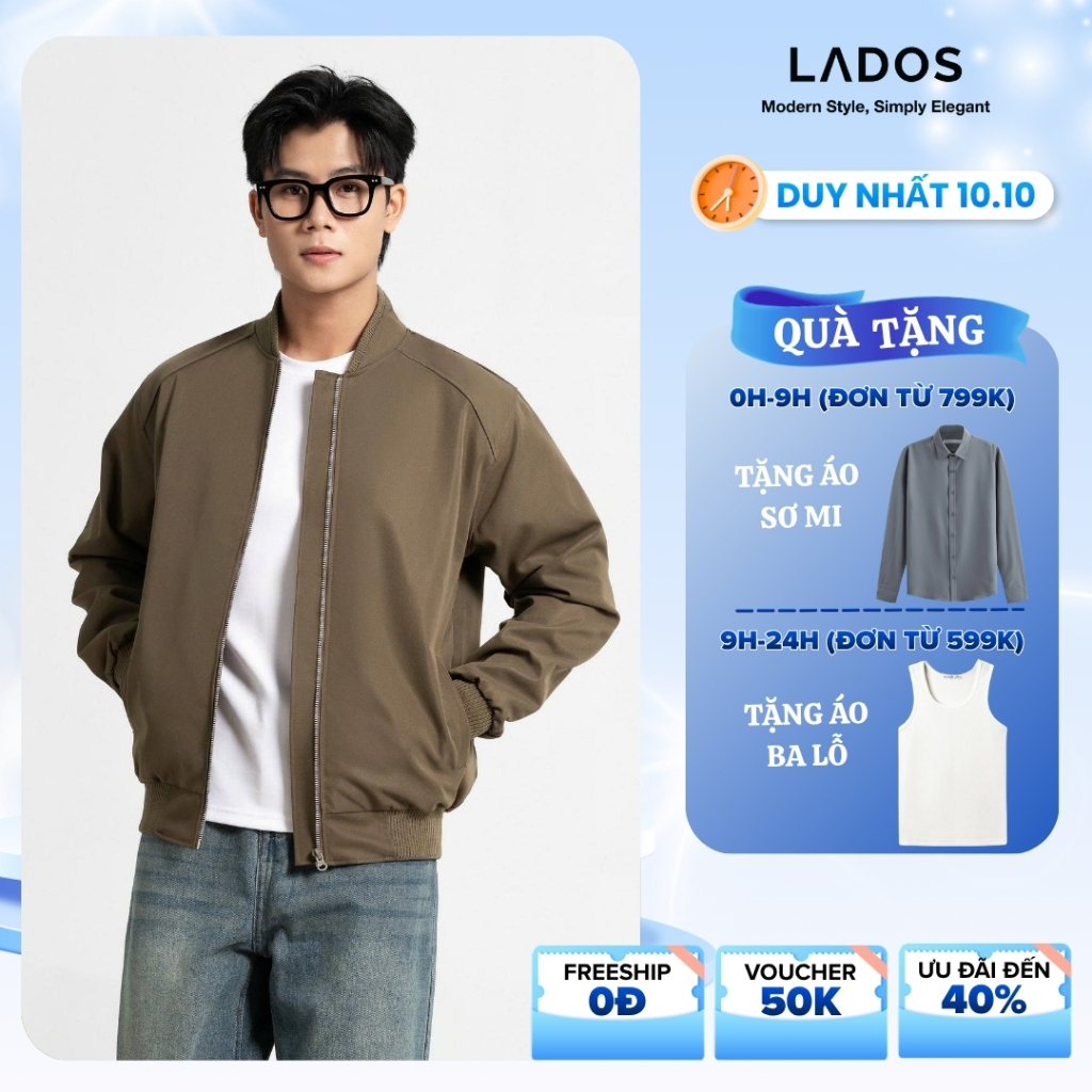 Áo khoác bomber đen kaki LADOS-2054 có túi trong, thấm hút, phong cách Hàn