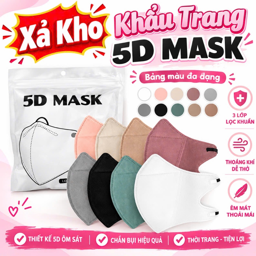 [Đang Xả Hàng] Combo100 cái khẩu trang y tế 5D Mask DK kháng khuẩn nhiều màu lựa chọn.