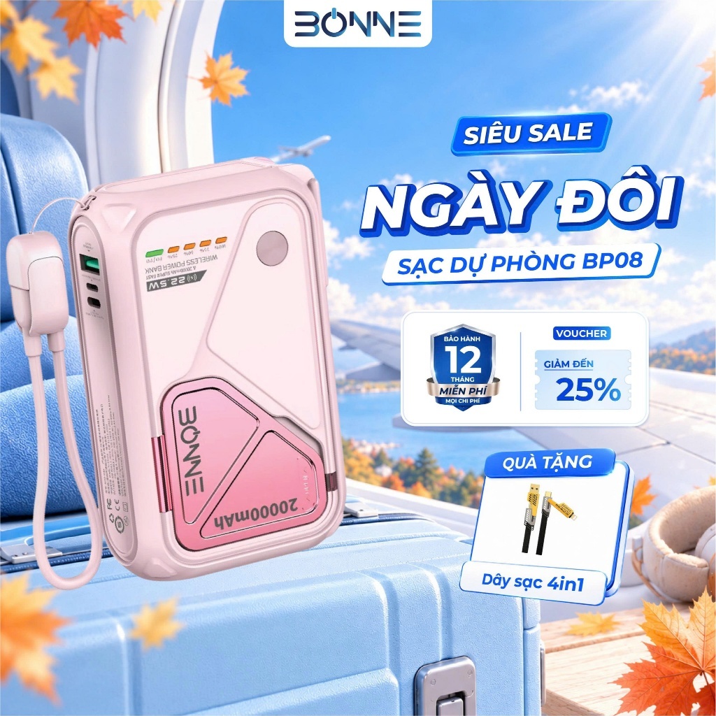 [TẶNG DÂY SẠC 4IN1] Sạc Dự Phòng BP08, Củ Sạc Nhanh BONNE BP08 10.000 mAh 20.000 mAh Hỗ Trợ Sạc Không Dây