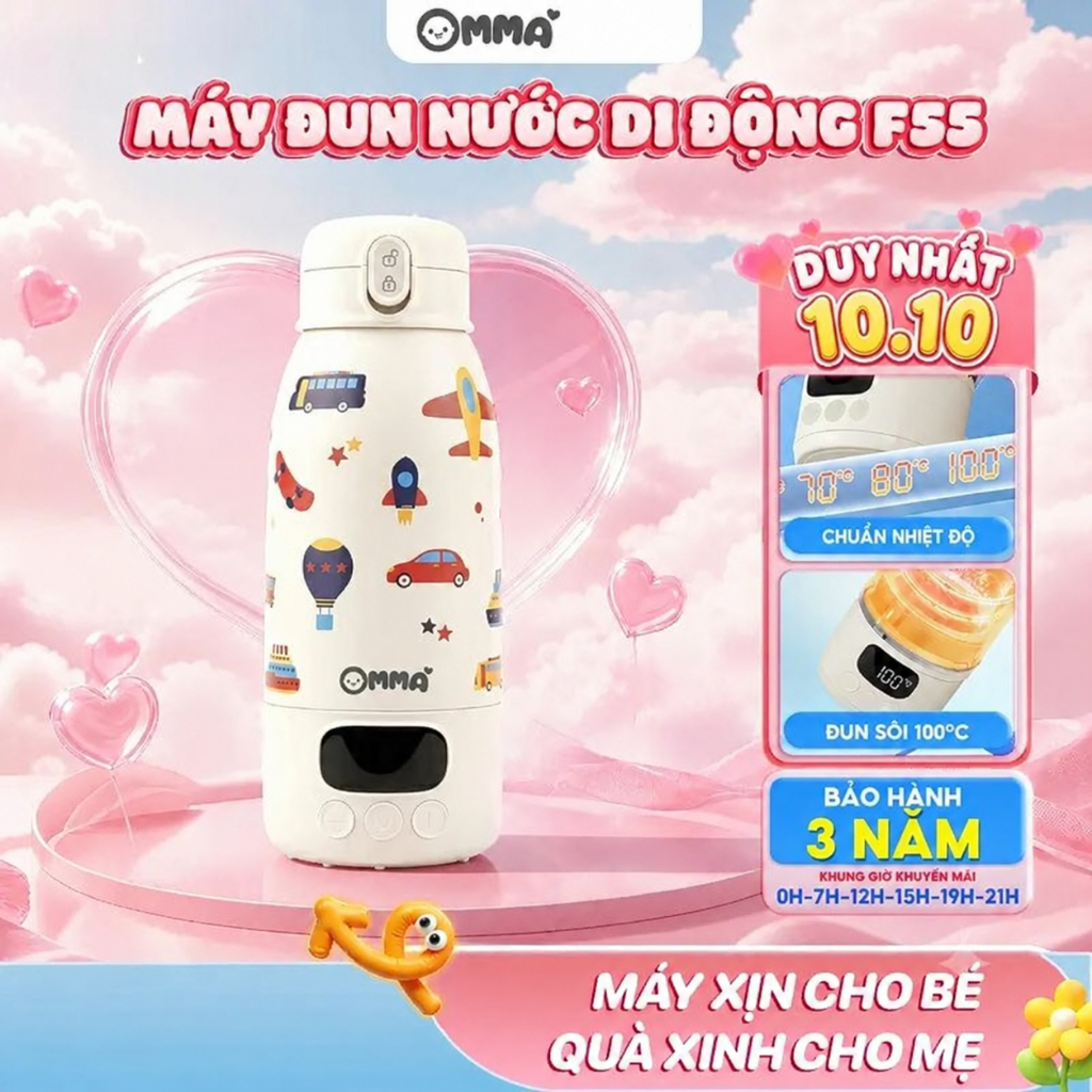 [Bản 2026] Bình đun nước cài nhiệt 35 -100 độ cầm tay di động F55 OMMA tiện lợi mang theo - BH 3 năm