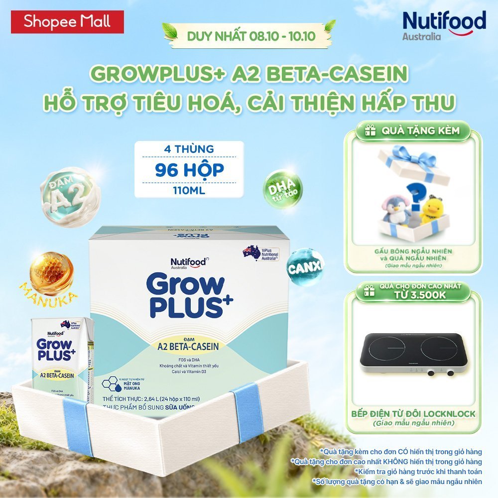 Combo 4 x Thùng 24 hộp Sữa bột pha sẵn GrowPLUS+ Đạm A2 Beta-Casein Hộp 110ml hỗ trợ tiêu hóa, hấp thu dưỡng chất