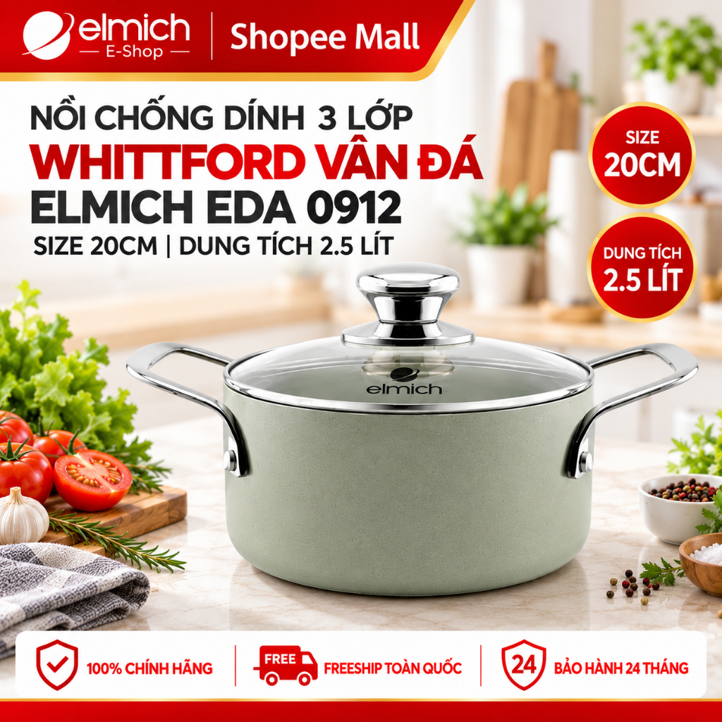 Nồi chống dính Elmich EDA0912 size 20cm chống dính Whitford 3 lớp đáy từ dùng mọi loại bếp vung kính