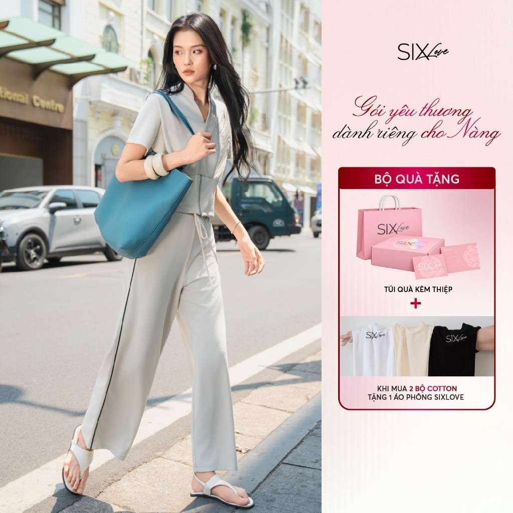 Set Đồ Nữ Cao Cấp SIXLOVE - Áo Cổ Chữ V Tay Ngắn Phối Quần Suông Dài Thanh Lịch