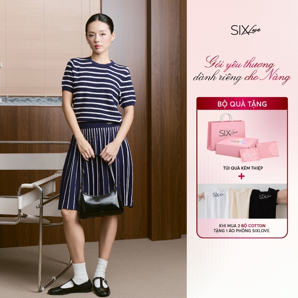 Set Đồ Nữ Cao Cấp SIXLOVE  – Áo Len  Kẻ Sọc Tay Ngắn Phối Chân Váy Xòe Thanh Lịch