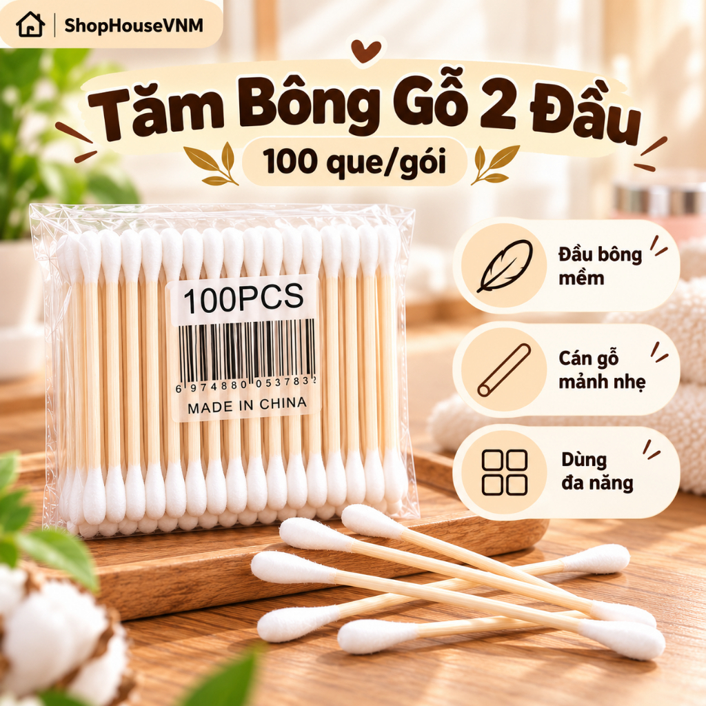 Tăm Bông Thân Gỗ Hai Đầu Mềm Mại Gọn Nhẹ Tiện Lợi Đa Năng Dùng Trang Điểm Vệ Sinh Khe Nhỏ