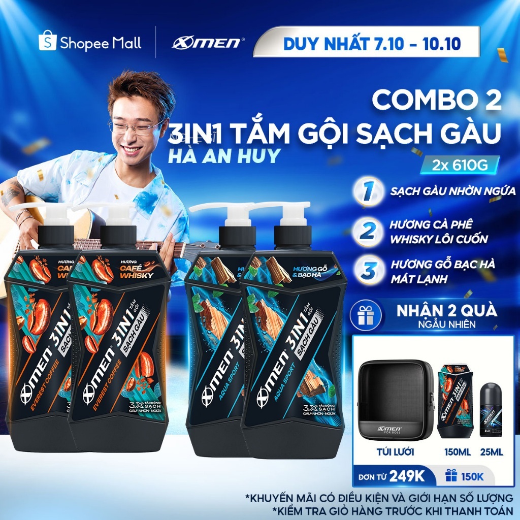[MỚI] Combo 2 Tắm Gội Sạch Gàu 3in1 Xmen Everest Coffee & Aqua Sport 610g/chai, Sạch Gàu-Nhờn-Ngứa, Mùi Hương Nam Tính