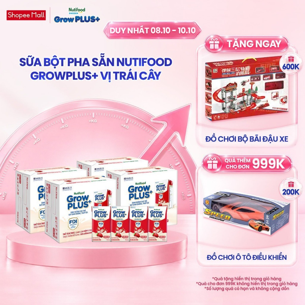 Combo 4 Thùng 24 hộp Sữa bột pha sẵn Nutifood GrowPLUS+ Vị Dâu Sữa hộp 110ml - Trên 1 tuổi