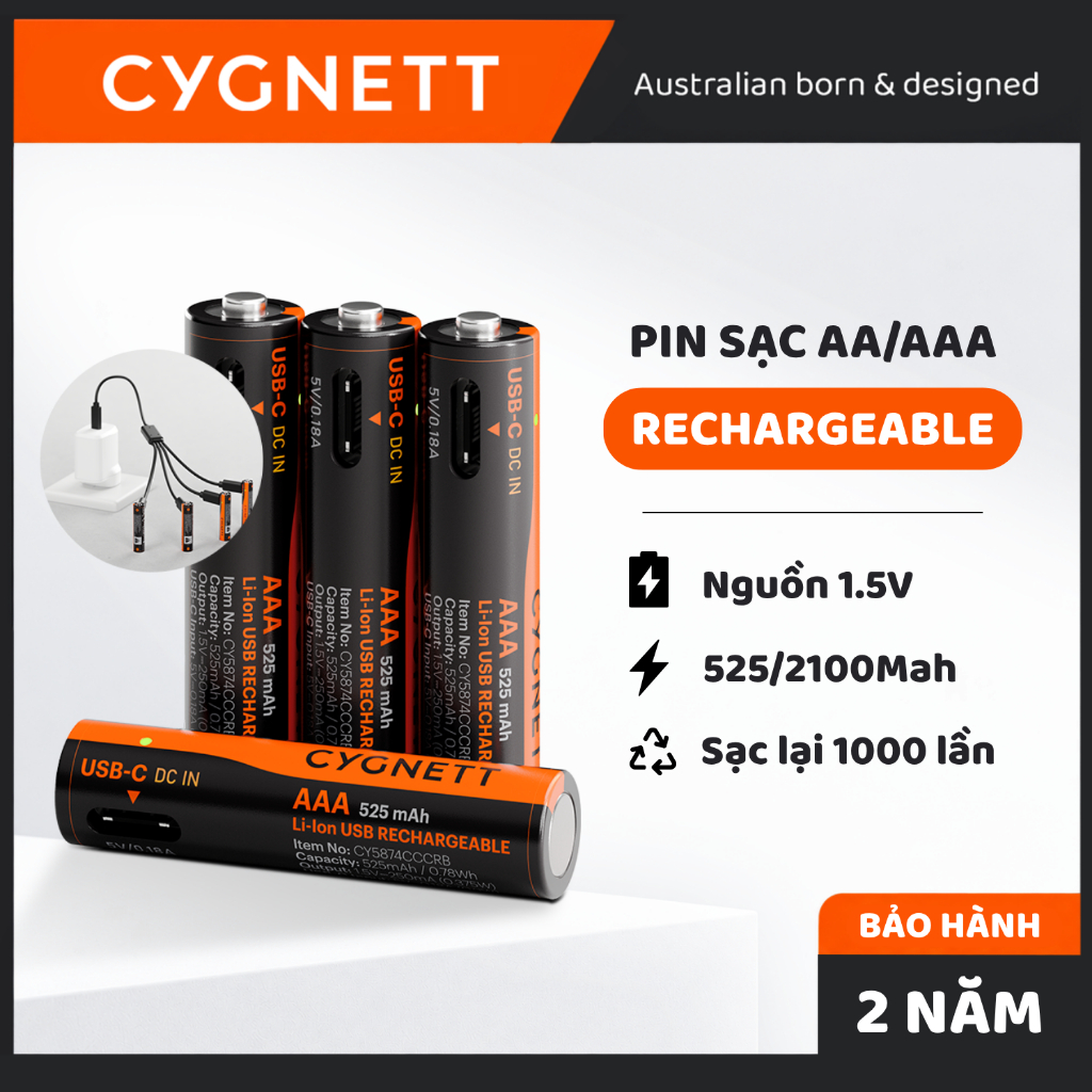 Pin sạc AA/AAA Cygnett Rechargeable 1.5V, Bộ 4 viên pin tái sử dụng, Cáp sạc USB-C 4 trong 1, Sạc lại 1000 lần, BH 2 năm